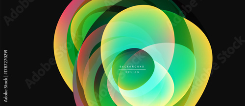 Abstract colorful shapes overlap, creating vibrant circular design. Gradient hues blend, forming modern background element.