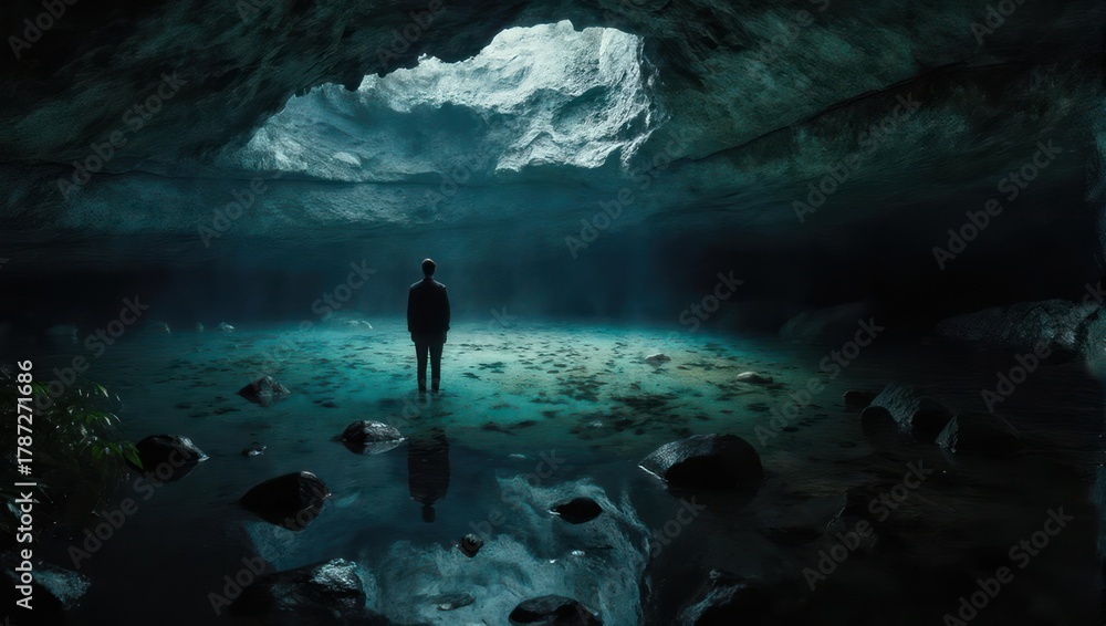 Obraz premium Lone explorer with a flashlight standing in a dark mysterious cave.