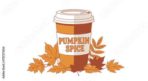 Warm autumn beverage in a disposable cup, artfully surrounded by vibrant fallen leaves, symbolizing the comforting flavors and cozy essence of the season