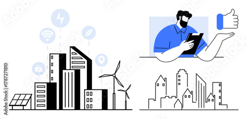 Urban buildings with solar panels, wind turbines, icons of connectivity, and a person using a tablet. Ideal for smart city design, sustainability, technology innovation, energy solutions, digital