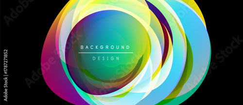 Abstract colorful design features layered circular shapes. Vibrant hues blend, creating dynamic visual effect. Text reads background design.
