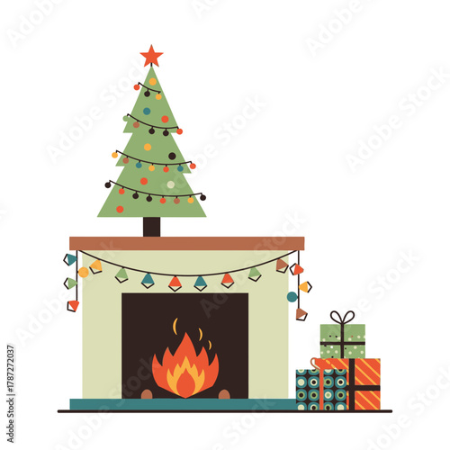 A warm and inviting holiday fireplace scene with a decorated Christmas tree and presents ready for celebration