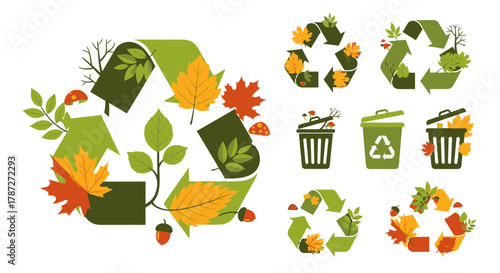 Autumn recycling symbols and trash bins with fall leaves, acorns and mushrooms, eco-friendly concept, vector illustration