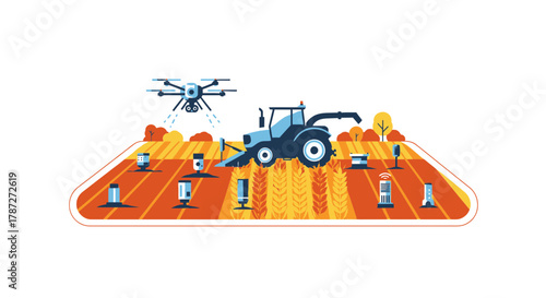 Futuristic farming technology and smart agriculture equipment in a field