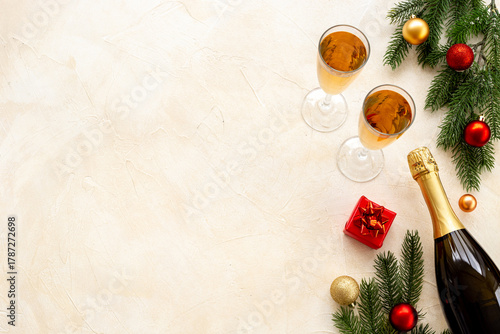 Wallpaper Mural Christmas bottle of champagne with two glasses and fir tree branches, top view. Happy New Year and Merry Christmas decoration Torontodigital.ca
