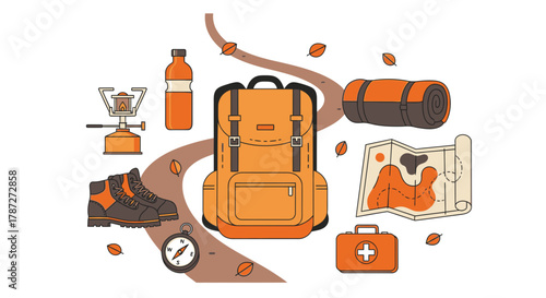 Essential Gear for Hiking and Camping Adventures Flat Illustration of Backpack, Boots, Map, Sleeping Bag, and Tools for Outdoor Exploration and Nature Travel