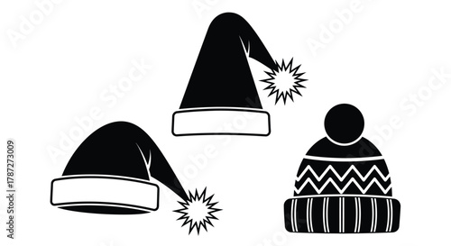 Christmas santa hats and winter beanies vector illustration set editable stock