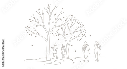 Elegant outline drawing of a quiet autumn day with people strolling among bare trees and falling leaves in a park