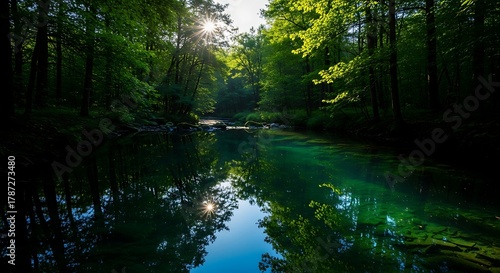 Serene Forest River with Calm Waters and Lush Greenery