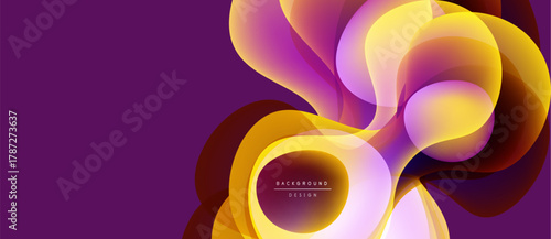 Abstract floral design. Vibrant purple backdrop supports swirling yellow, orange shapes. Modern, dynamic composition. Smooth gradients create depth.