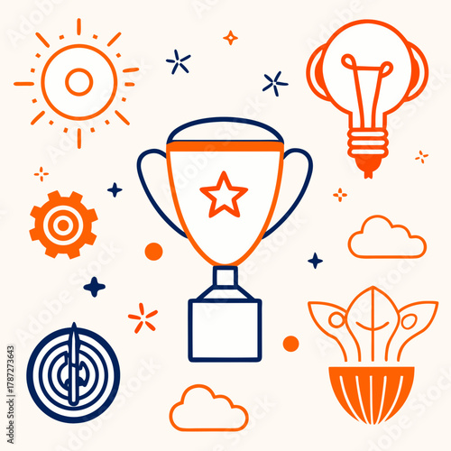 Celebrating success and innovation with trophies ideas and growth symbols