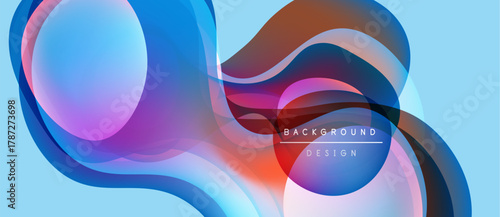 Abstract fluid shapes overlap, creating vibrant color gradients. Blue, red, purple hues dominate light background. Modern design element.