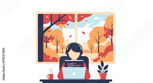 A focused person working on a laptop with headphones, enjoying a peaceful autumn view from a window, symbolizing productivity, remote work, and seasonal tranquility