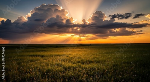 Golden Sunset Rays Pierce Through Dramatic Clouds Over a Vast Grassy Meadow