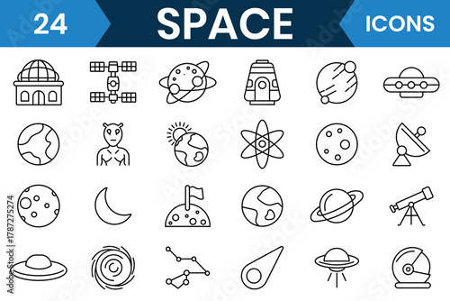 Space and planet icon. Astronomy line icon set. Outline icons of satellite, universe, astronaut, rocket,  astronomy, comet, telescope, moon, Saturn, galaxy, planet and more. Vector illustration.