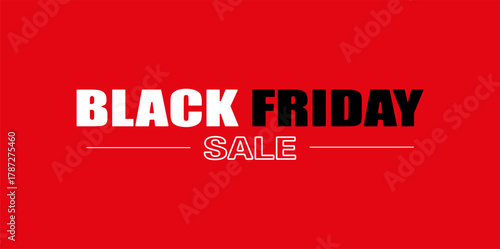 Black Friday sale banner with bold white and black text, red background and horizontal lines for seasonal shopping promotion