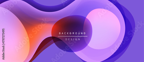 Abstract fluid shapes blend, creating vibrant purple, orange gradients. Modern design emphasizes smooth curves, dynamic composition.