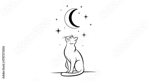 Minimalist Cat and Moon Tattoo Design – Elegant Line Art Illustration
