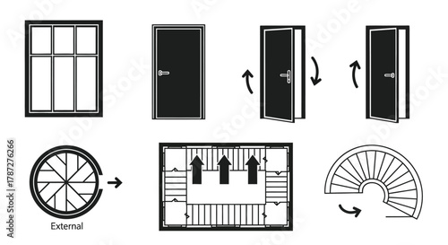 Architectural design elements windows doors stairs floor plan editable stock