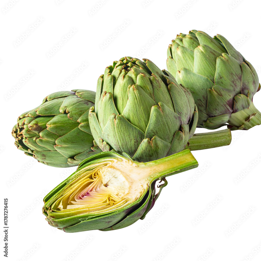 Fototapeta premium Fresh, raw green artichoke vegetable on a white background with healthy organic leaves