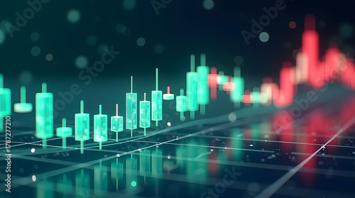 3D futuristic stock market candlestick chart with glowing green and red candles on a dark holographic interface, cinematic lighting and reflections. AI Generated.
