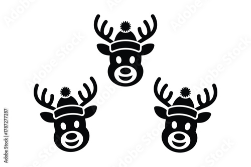 Three festive reindeer heads wearing winter hats create a charming holiday graphic.