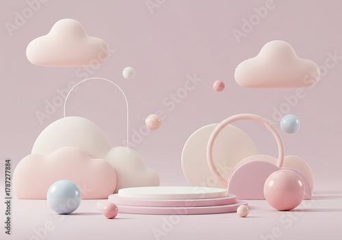 Dreamy pastel podium scene perfect for showcasing baby products or soft, gentle brands with floating clouds and spheres creates a calming, whimsical feel