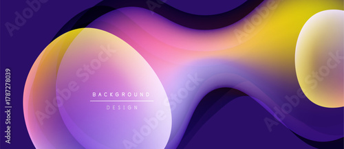 Abstract fluid shapes, vibrant colors blend. Gradient waves create dynamic background design. Purple, yellow, pink hues dominate composition.