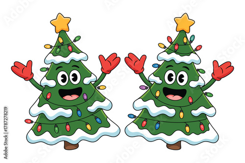 Two cheerful cartoon Christmas trees decorated with lights and wearing mittens are waving joyfully.
