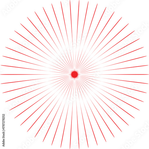 Abstract radial explosion of red and white lines emanating from a central red square on a white background