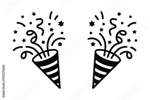 Two confetti poppers explode with streamers and stars against a white background.