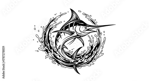 Marlin Fish Splash Tattoo Design – Dynamic Ocean Line Art Illustration