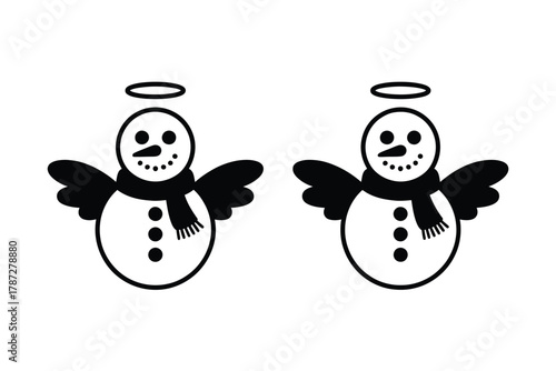 Two black and white snowmen with halos and wings are depicted side by side.