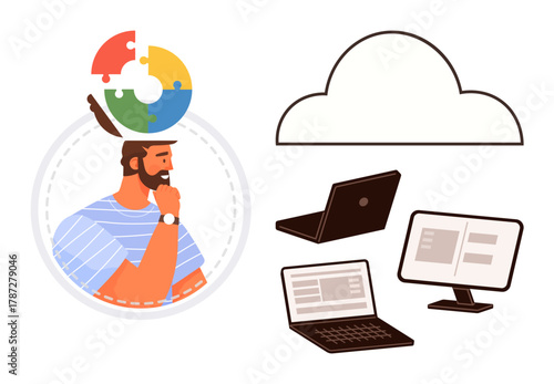 Man pondering with puzzle brain, next to cloud, laptop, and monitor images. Ideal for brainstorming, cloud computing, problem solving, tech innovation, knowledge sharing creativity simple flat