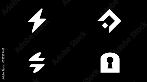 Modern abstract graphic symbols: white lightning bolt, keyhole, and geometric icons on black background, vector elements