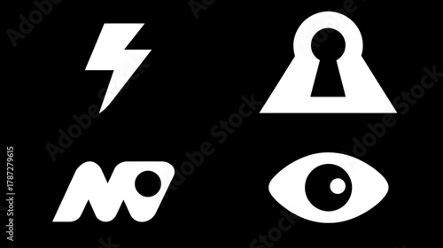 Set of white vector icons representing power, security, information, and vision. Modern graphic elements on a black background.