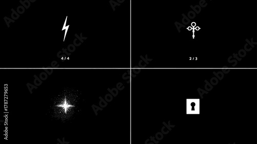 Abstract minimalist white icons: lightning bolt, ankh, star, keyhole on a black background. Modern graphic symbols.