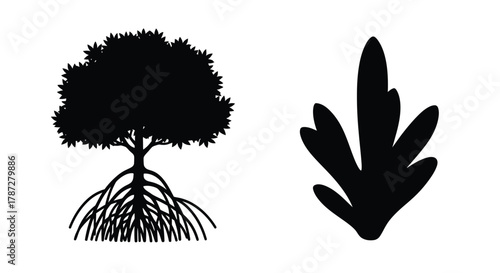 a tree silhouette with roots next to a leaf illustration