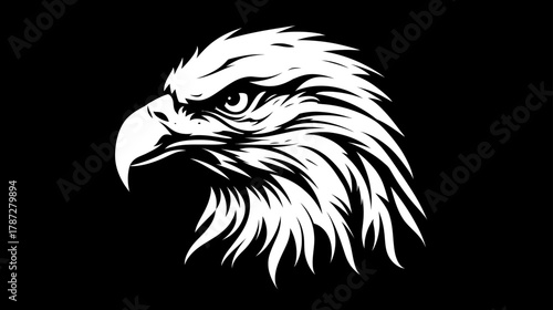 Majestic eagle head illustration on black background, detailed monochrome graphic art of a powerful raptor bird profile