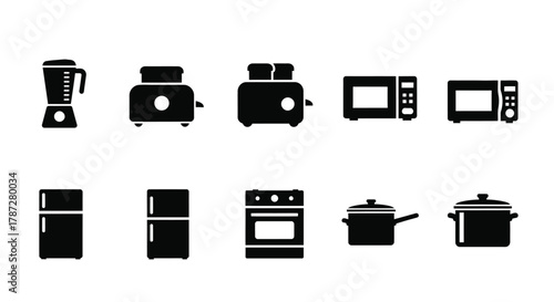 a collection of kitchen appliances icons shown in simple black and white