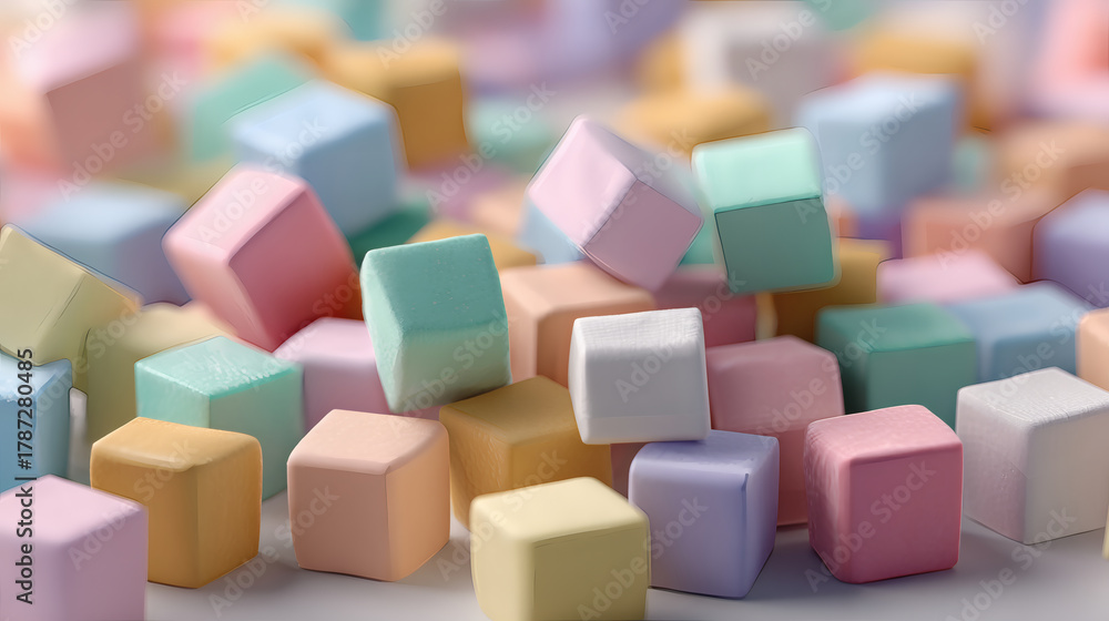 Obraz premium A close-up shot of numerous small, pastel-colored, cube-shaped candies scattered on a surface.