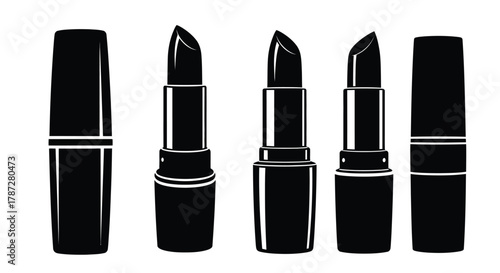 a collection of elegant black lipsticks displayed in various positions