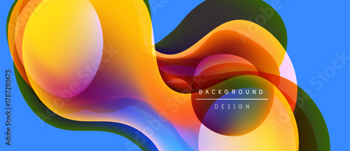 Abstract colorful waves, fluid shapes overlap. Bright yellow, orange, purple hues dominate blue backdrop. Modern design element.