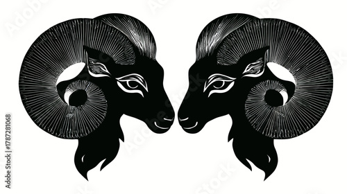 Symmetrical black ram heads illustration with large curled horns, vintage style graphic art, powerful animal symbolism design