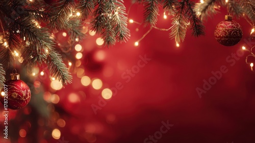 A festive close-up of Christmas tree branches adorned with sparkling lights and red ornaments against a blurred red background.