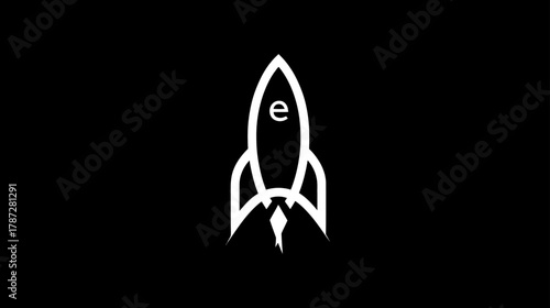 White line art rocket launch icon with initial 'e' on a black background, symbolizing startup, innovation, technology, and success.