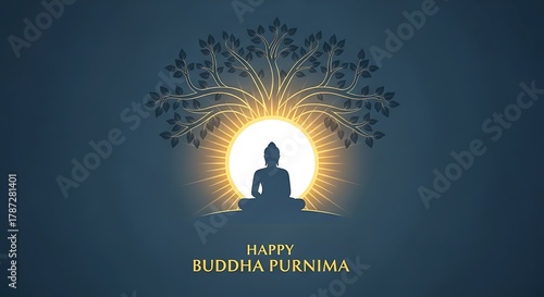 Silhouette of buddha meditating under bodhi tree for happy buddha purnima