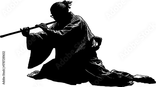 Silhouette of a person in traditional attire kneeling and playing a spiritual flute, creating cultural music for meditation.