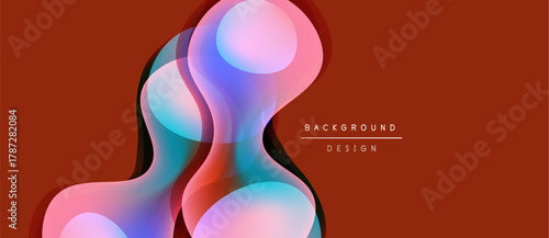 Abstract fluid shapes overlap, creating vibrant color gradients. Background features warm reddish tones, modern design elements.