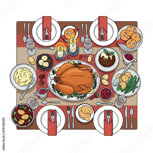 Traditional Christmas dinner table vector illustration featuring a festive holiday meal centered around a golden roast turkey, pudding, bright colors, and ready place settings.